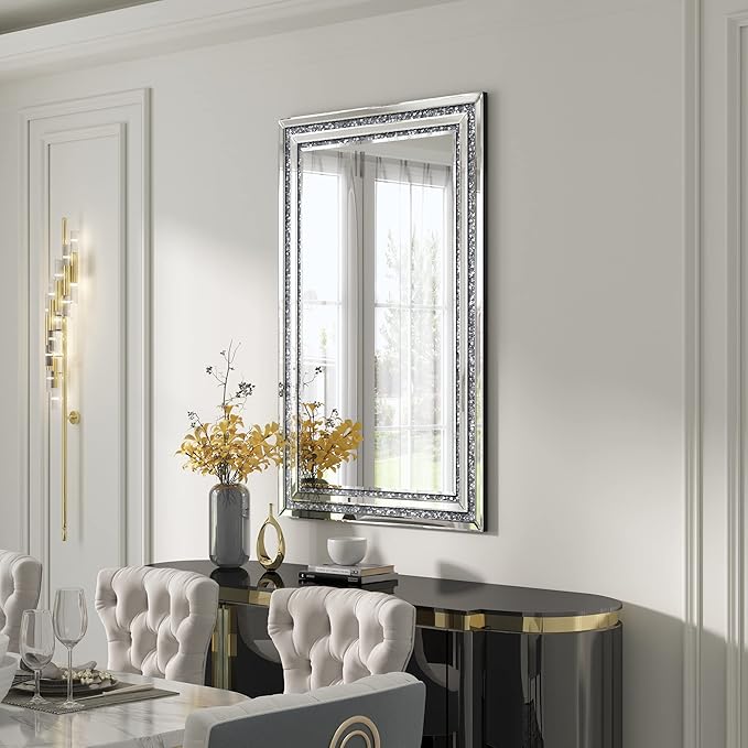 KOHROS Crush Diamond Bathroom Mirror 36" x 24" Crystal Mirrors for Wall Decor Rectangle Wall Mirror for Bathroom, Entryway and Bedroom, Easy to Install