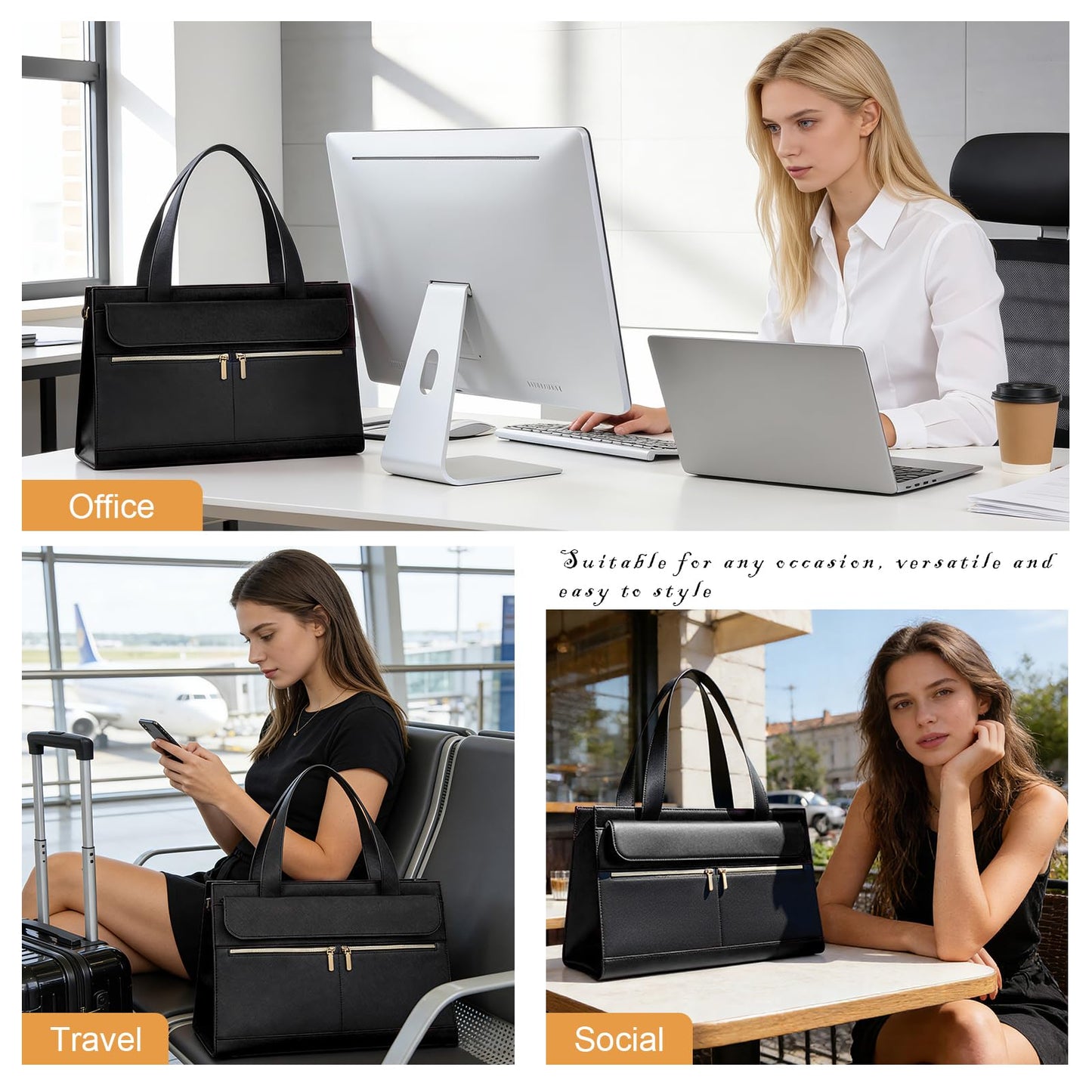 Laptop Bag for Women 15.6 Inch, Professional Tote Briefcase Purse, Eco-friendly Leather Teacher Bag Work Bag for Business(Black)