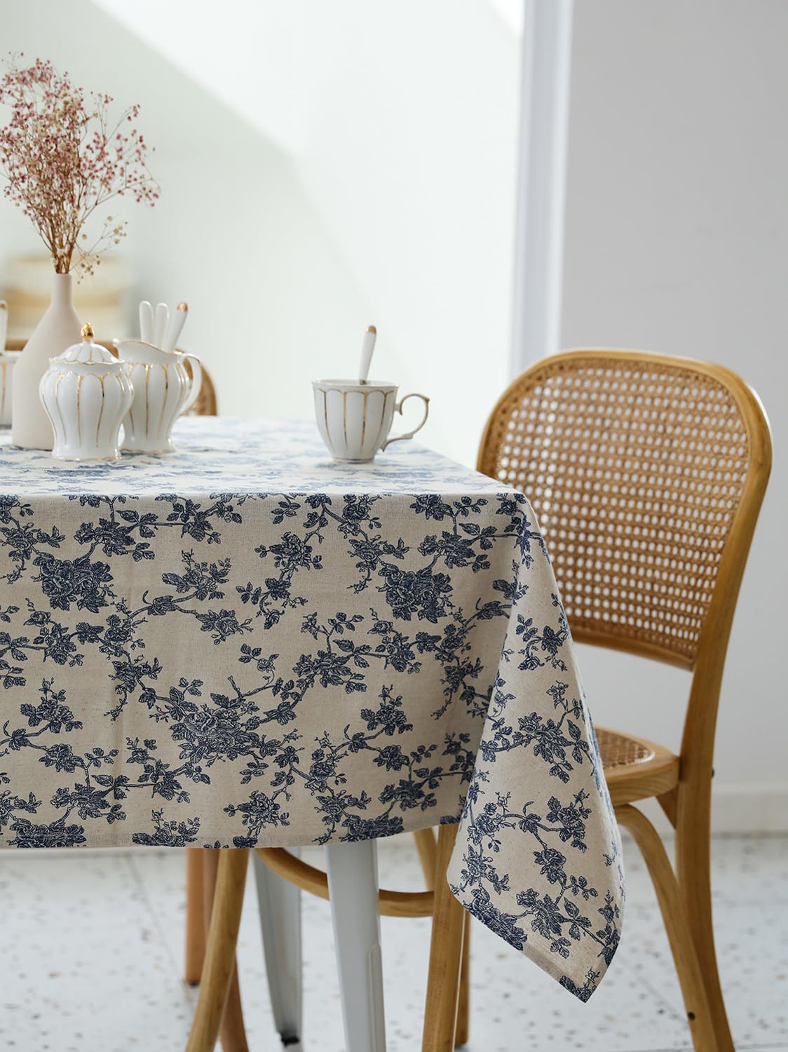 Pastoral Rectangle Tablecloth - 60 x 84 Inch - Linen Fabric Table Cloth - Washable Table Cover with Dust-Proof Wrinkle Resistant for Restaurant, Picnic, Indoor and Outdoor Dining, Floral (Dark Blue)
