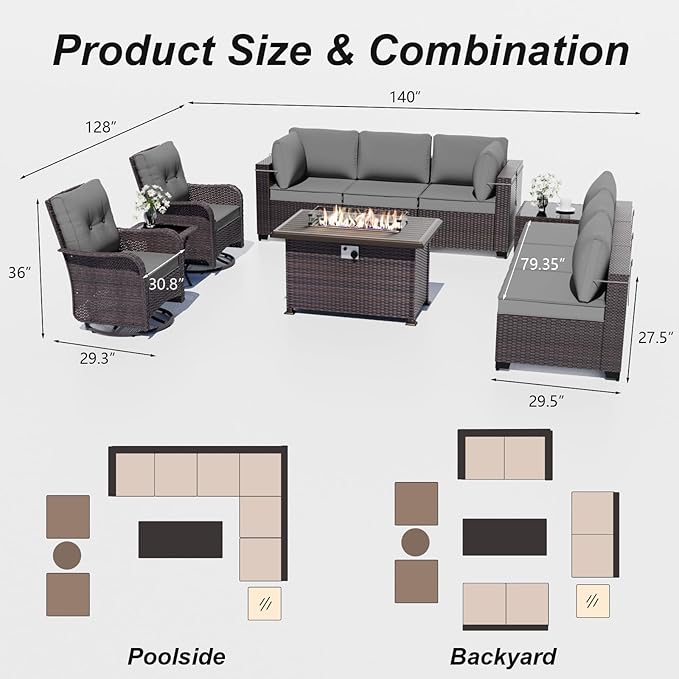 ALAULM 11 Pieces Patio Furniture Set with 2 Swivel Chairs Patio Furniture Outdoor Sectional Sofas with 55000 Gas Fire Pit Patio Conversation Set w/8 Cushions-Grey