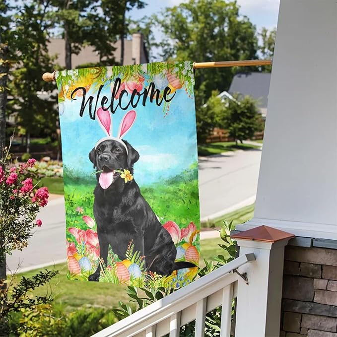 Labrador Black Tulips Cute Lab Dog Happy Easter Garden Flag Welcome Party Outdoor Outside Decorations Picks Home House Garden Yard Decor 12x18 Inch