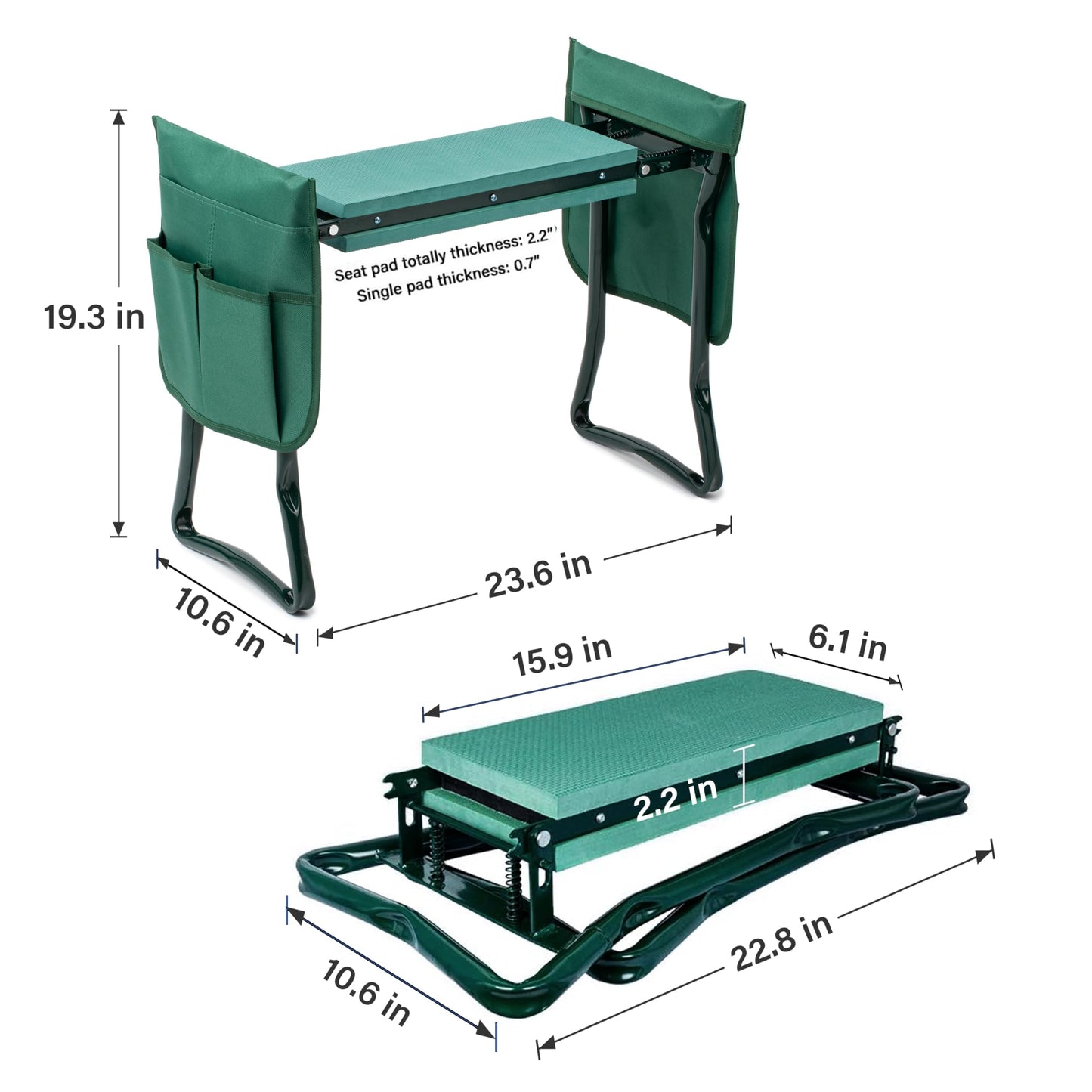 YSSOA New Garden Kneeler and Seat, with Sturdy Soft EVA Foam Pad, Hold Up to 330lb, Foldable Kneeling Bench, with 2 Tool Pouch for Gardening, Fishing, Camping, Green, Arbor Day Gift