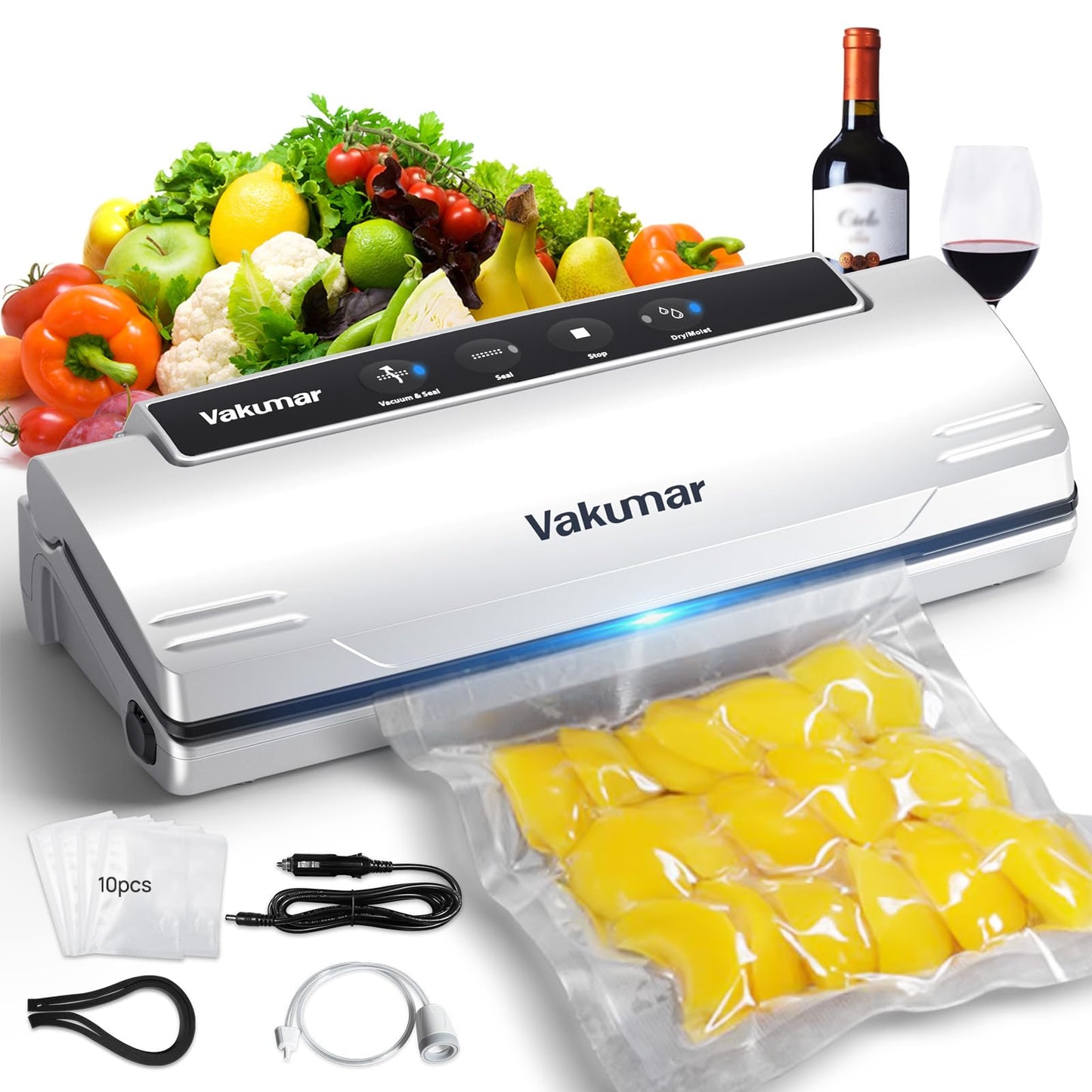 Upgraded Vacuum Sealer Machine for Food, 8 in 1 Food Sealer Vacuum Sealer with Powerful Suction, Dry & Moist Modes, Sous Vide Compatible, Included Car Charger(In-vehicle use)