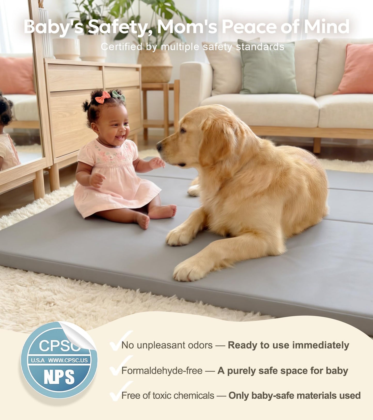 Mallify Foldable Baby Play Mat, 50''x50'' Waterproof Thicken Foam Vegan Leather Playpen Mat for Infants and Toddlers, Portable Baby Mat for Floor, Grey