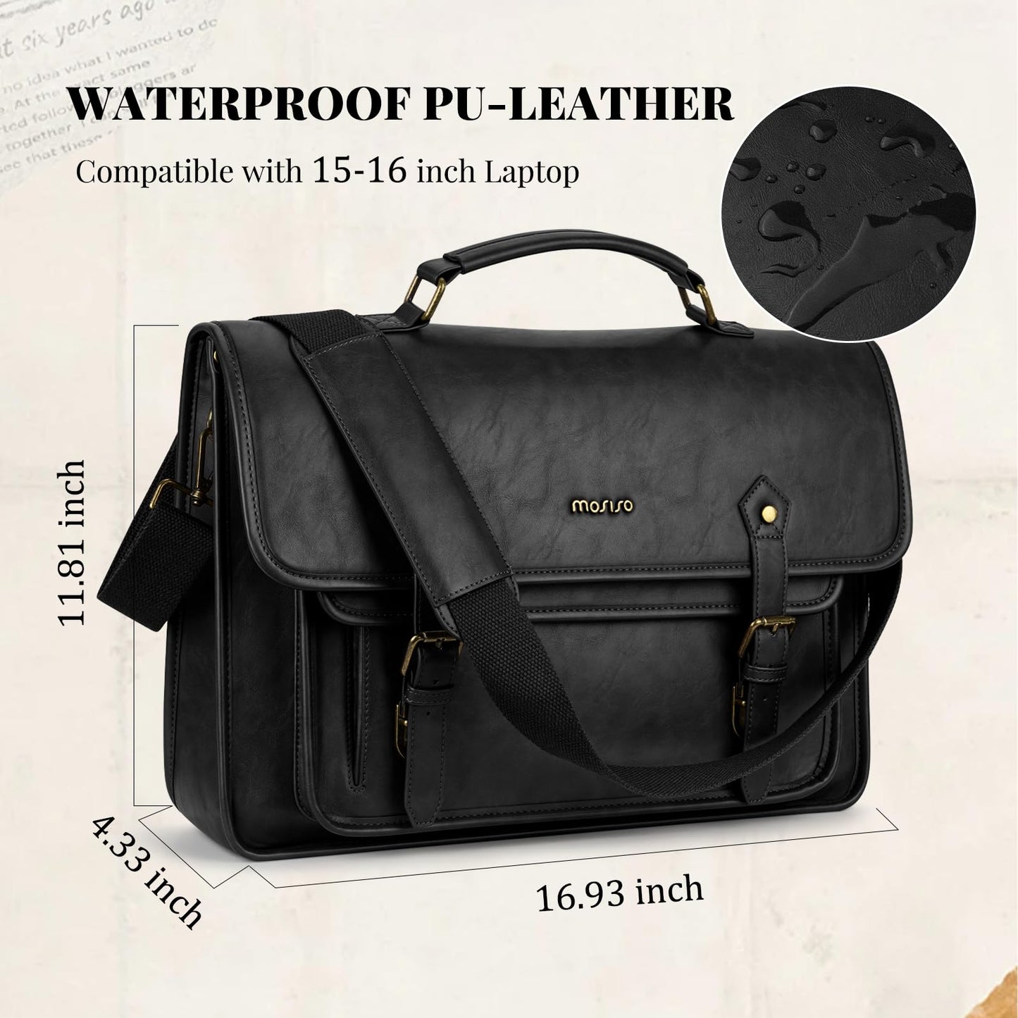 MOSISO 3 in 1 Laptop Bag, 15.6 inch PU Leather Shoulder Bag Briefcase Messenger Satchel Laptop Backpack, 15-16 inch Computer Bags Handbag Bookbag, Black
