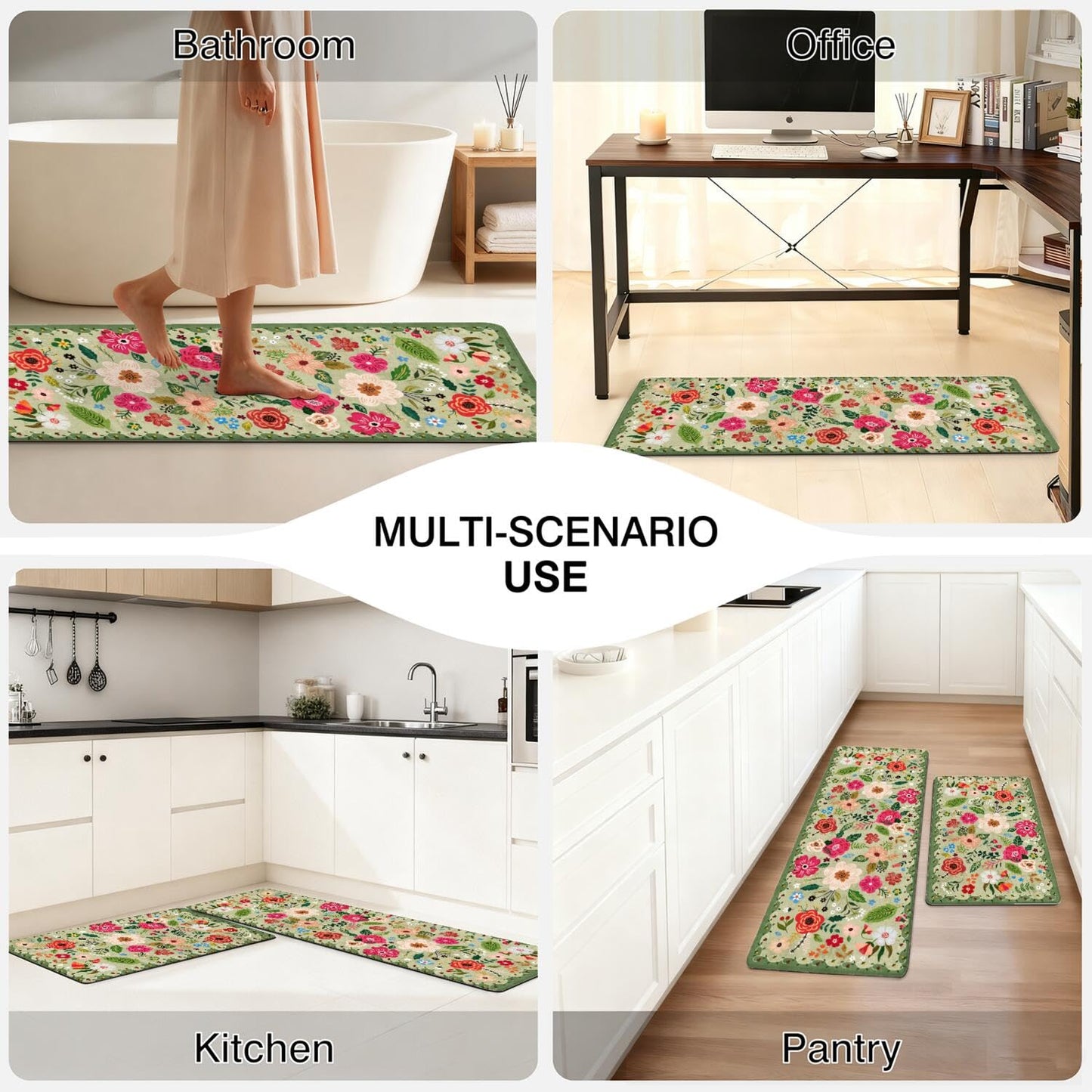 Boho Floral Anti Fatigue kitchen Rugs and Mats Non Slip Comfort Washable Waterproof Floor Kitchen decor Mat, Modern Farmhouse Bohemian rug Set of 2 for Home, Sink, Laundry, 17.3"x47"+17.3"x30"