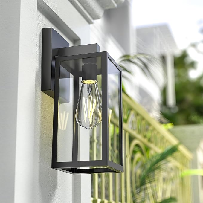MAXvolador Outdoor Wall Sconce, Exterior Waterproof Wall Lantern Light Fixtures, Black Porch Lights with Toughened Glass Shade, Anti-Rust E26 Socket Front Door Mount Lighting, 2 Pack