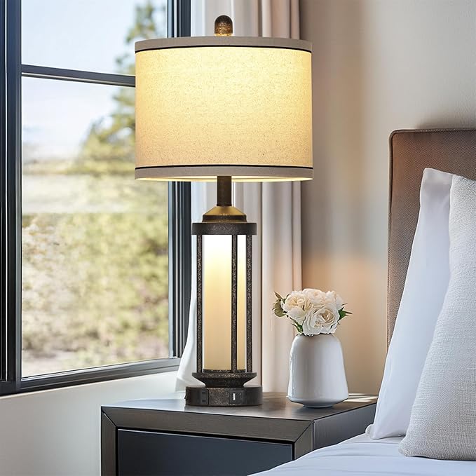 27" Industrial Farmhouse Table Lamp, Vintage Rustic Beside Lamp with USB A+C Charging Ports & AC Outlet, Modern Single Table Lamp with Frosted Glass Night Light for Bedrooms Nightstand Bronze