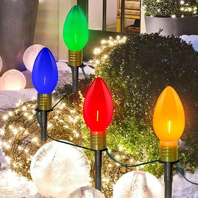 C9 LED Christmas Pathway Lights Outdoor, 7Ft 4 Clear Multicolor Bulbs Christmas Pathway Stakes Lights, Connectable Colorful Marker Walkway Lights for Yard Patio Sidewalk Driveway Garden Lawn Decor