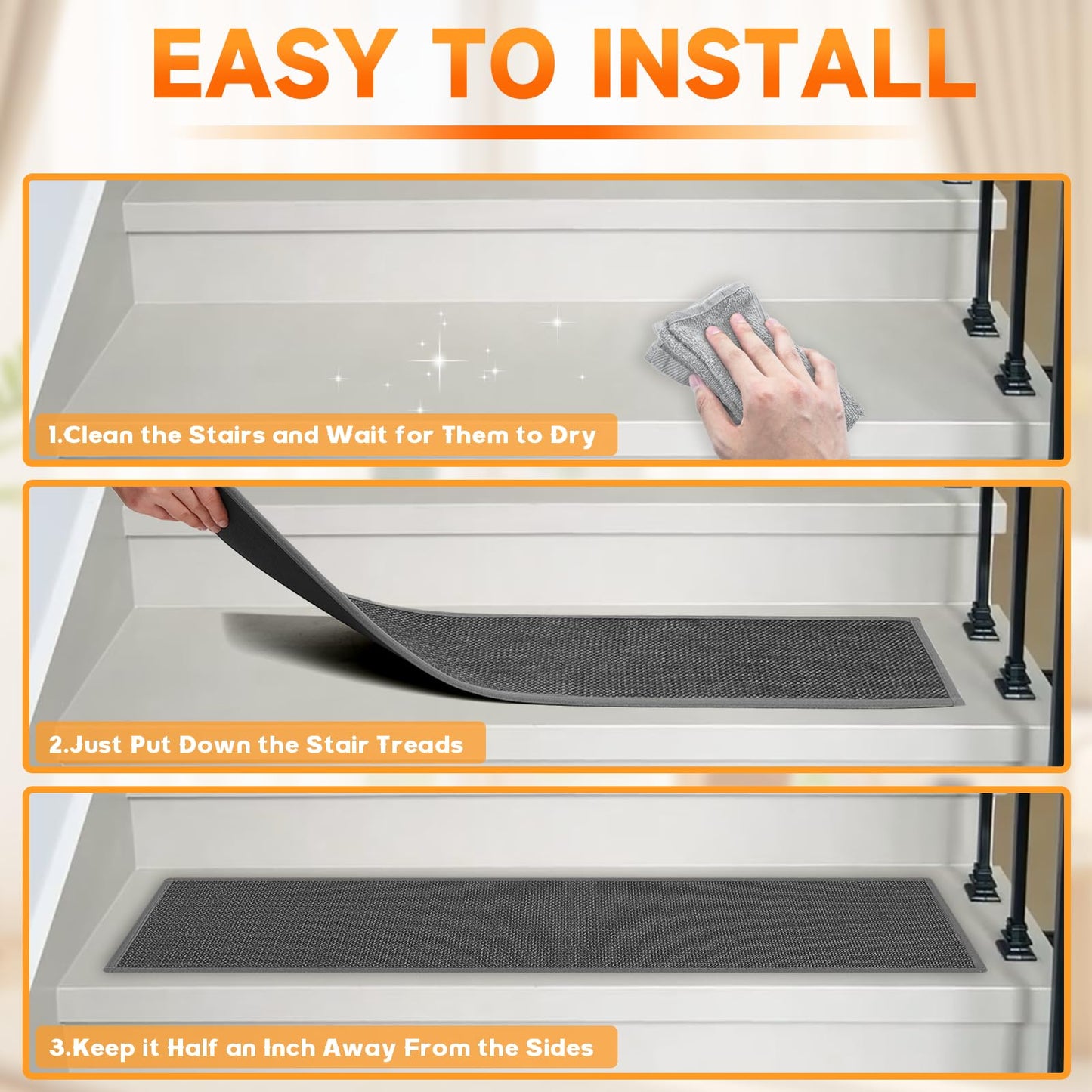 Stair Treads with Non-Slip Rubber Backing, Stair Treads for Wooden Steps, Indoor Stair Carpet Runners, Stair Rugs and Mats for Kids and Dogs, Gray, 8" x 30", 7 Pieces
