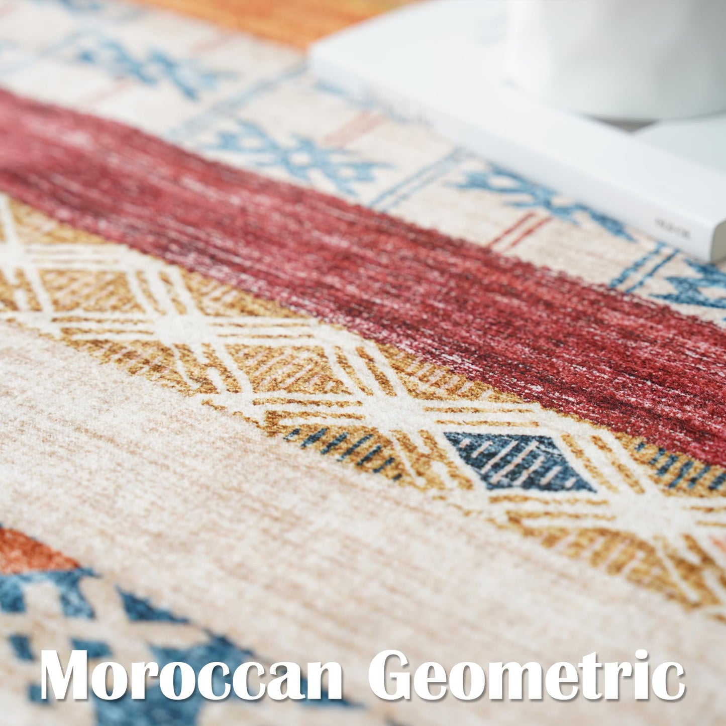 Puino 8x10 Washable Area Rug: Moroccan Large Neutral Boho Area Rug for Living Room & Bedroom Geometric Non-Slip Farmhouse Carpet for Living Room Colorful Stripe 8'x10'.