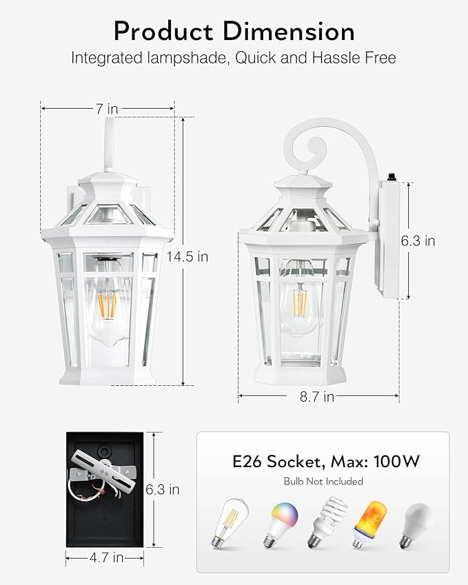 Outdoor Porch Lights, 2-pack White Outdoor Light Fixture Wall Mount, Dusk to Dawn Outdoor Sconce light, Anti-rust Exterior Wall Lantern with Glass Shade, Coach Lights for Garage, Patio, Balcony