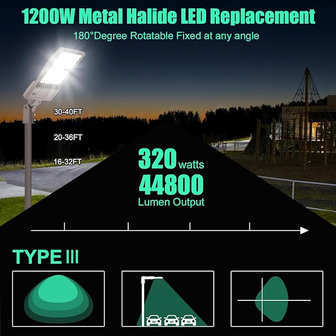 480V 320W Parking Lot Light LED Pole Light w/Slip Fitter Mount, UL DLC Listed LED Shoebox Lights 44800LM 5000K Flood Lights 277-480VAC Input, 480Volt Outdoor Commercial Roadway Street Fixtures