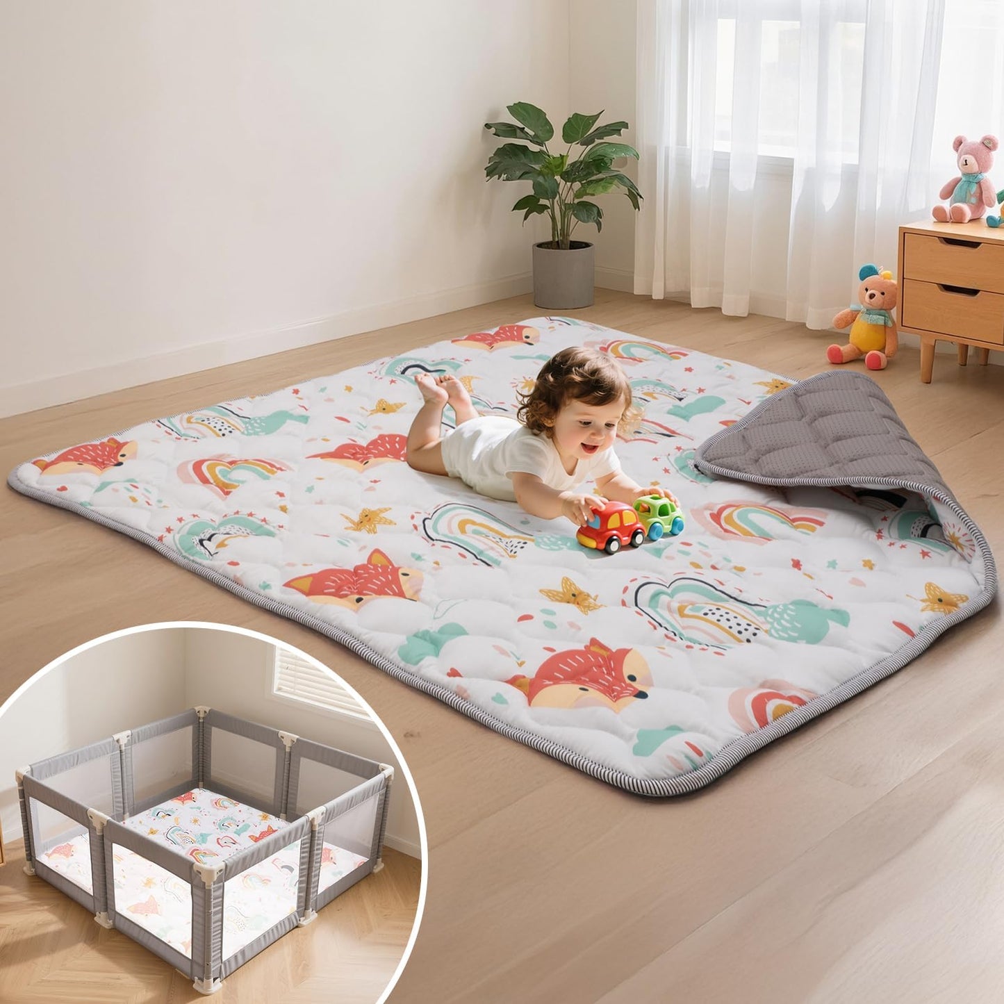 Duwenem Baby Play Mat for Floor,50x50 Inch Soft Padding Crawling Mat for Playpen, Foldable and Machine Washable, Thick for Babies & Toddlers,Rainbow Fox