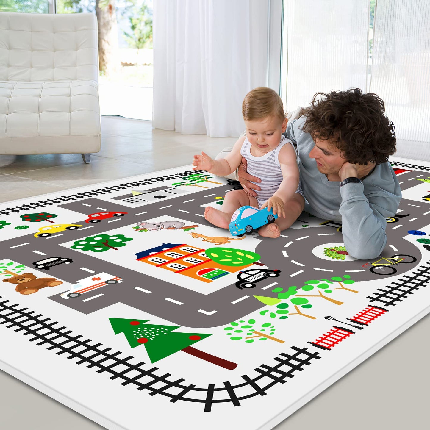 LTKOUGFAM 5x7ft Kids Town Road Play Rug - Car Playmat, Kids Rugs for Playroom Car Mat Town City Road Traffic Rugs, Extra Large Boys Kid Cars Track Play Rug (Style Five, 78.7X 59 INCH)