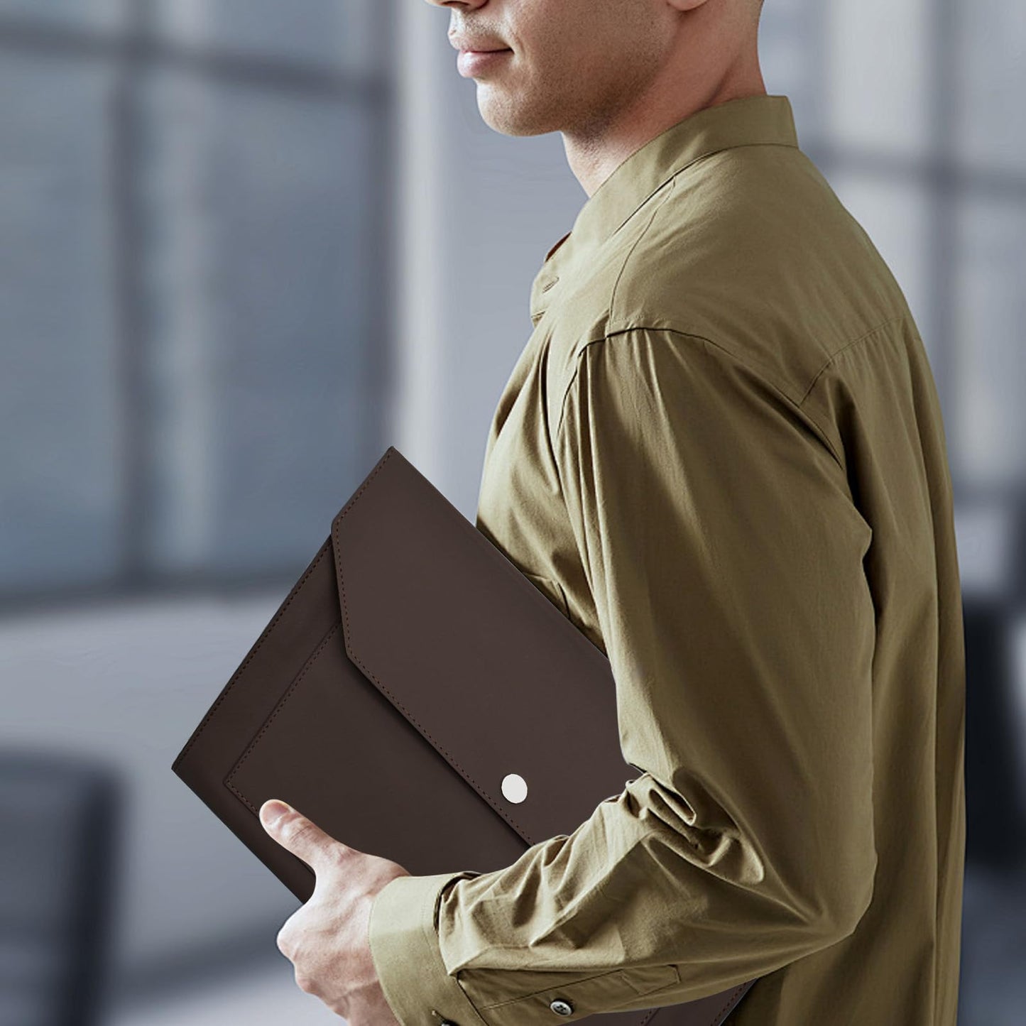 VANRA 1 Piece PU Leather Expanding File Folder Organizer Document Holder with Snap Button Zippered Pocket, Portfolio Envelope Folder Case for A4 Letter Size Paper (Dark Brown)