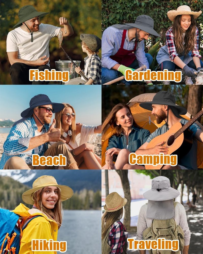 Outdoor Sun Hats with Stowable Neck Flap for Men Women UPF 50+ Mesh Summer Bucket Hat Wide Brim for Fishing Safari Hiking Light Grey