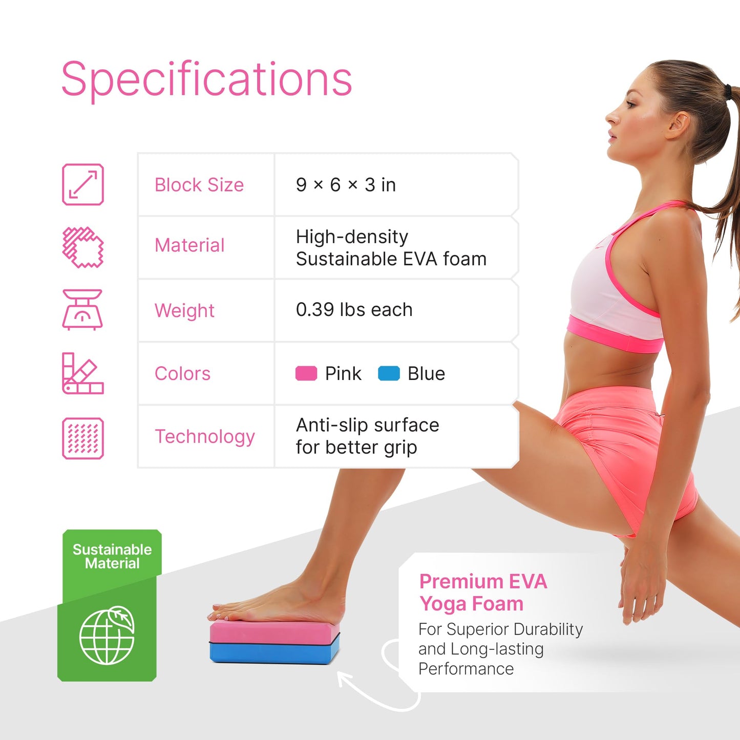 Yoga Blocks 2 Pack Set with Dance Stretch Band & Guide: Non-Slip EVA Foam Block - Ideal Stretching Equipment for Home Workouts, Pilates, Dance, Ballet, Gymnastics, Exercise - Stretch Strap Stuff Props