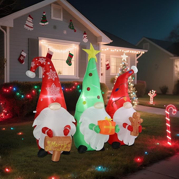 5 FT Christmas Gnomes Inflatable Outdoor Decorations, Inflatable Gnomes with Sign and Gingerbread Man Built-in LED Lights Blow Up Yard Decorations for Holiday Indoor Outdoor Party Garden Lawn