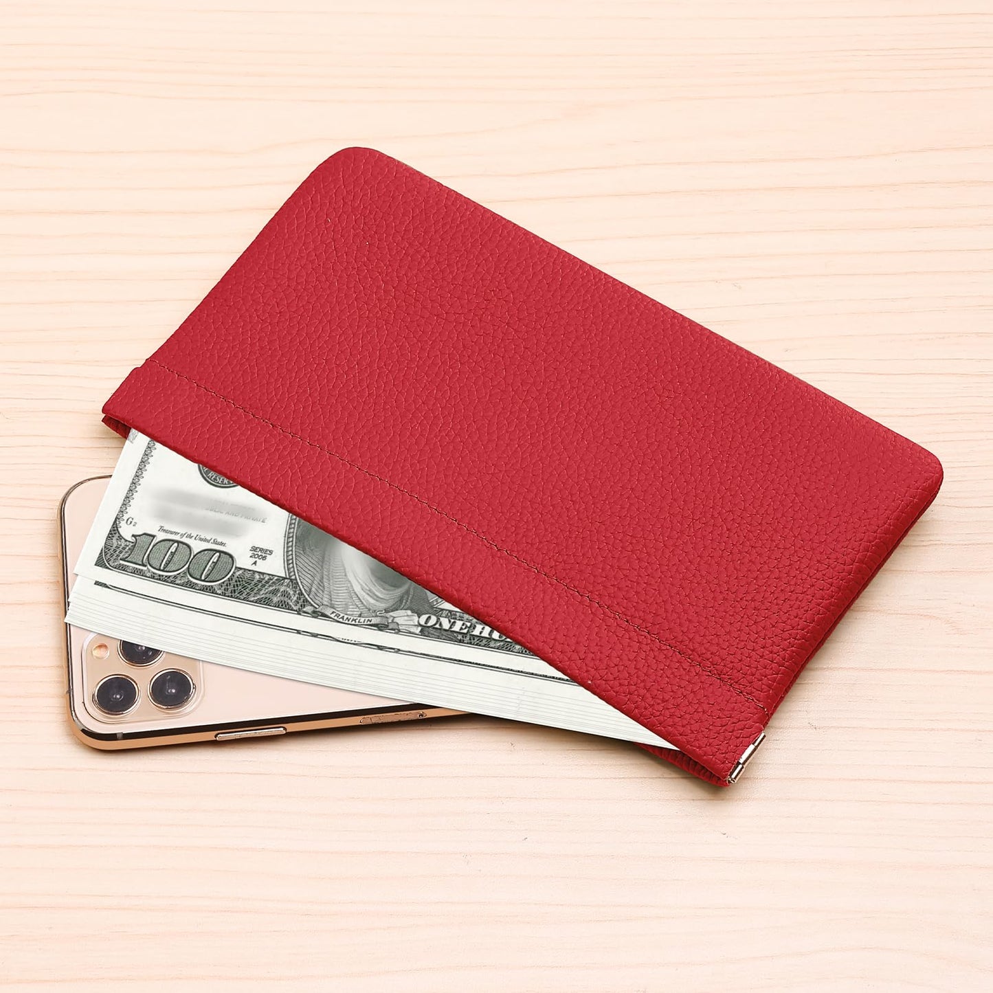 Genuine Leather Pocket Cosmetic Bag for Purse,Coin Purse Lipstick Cosmetic Accessories Travel Pouch for Storage Waterproof Portable No Zipper Self-closing Small Makeup Pouch (Red)
