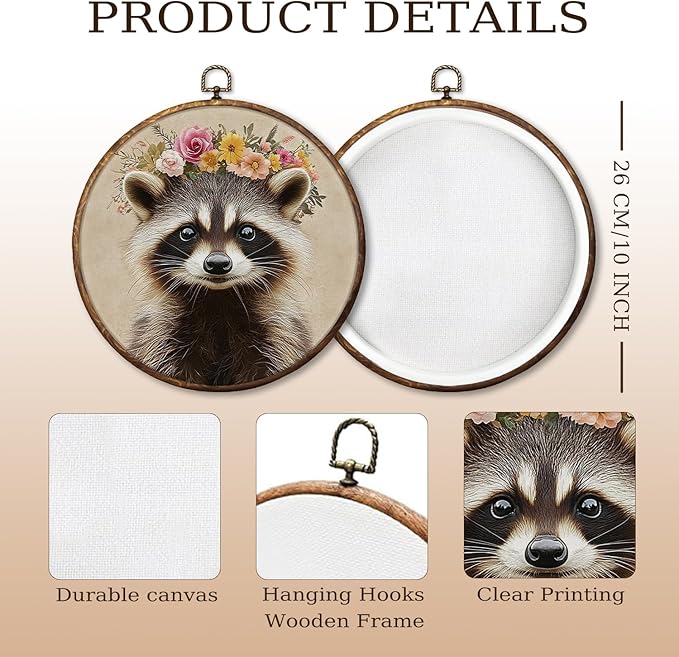HUGANE Funny Floral Wreath Raccoon Round Wall Art Decor, Rustic Flower Racoon Trash Panda Hanging Canvas Framed Prints Wall Sculptures for Nursery Kids Room Home Bedroom Decor, 10x10 Inch