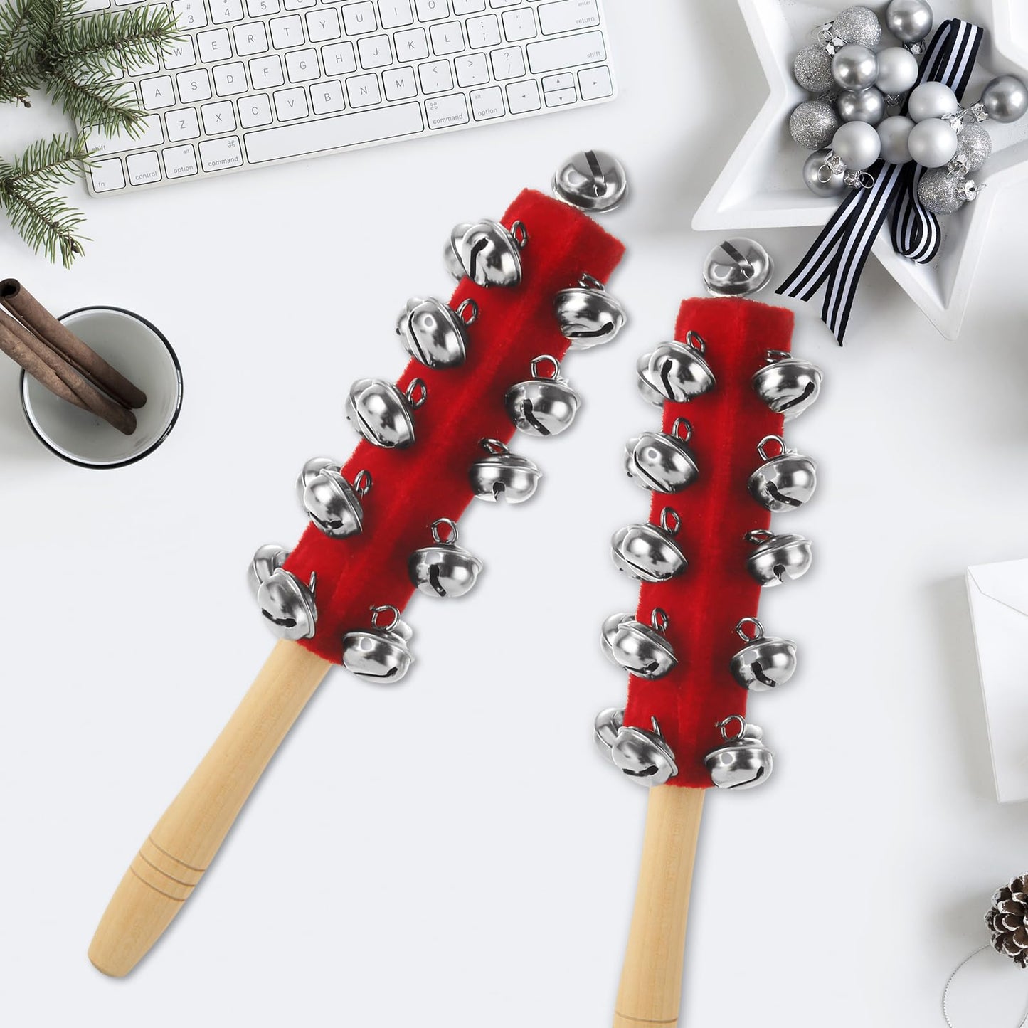 LOLYSIC 6 Pack Christmas Hand Jingle Bells Wooden Handle Sleigh Bells Christmas Stick Jingle Bells Shaker Rattle Musical Percussion Handheld Bells Holiday Xmas Gifts