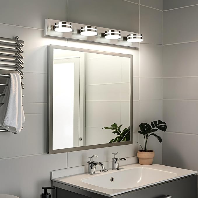 Brushed Nickel Vanity Lights for Bathroom, 4-Light Bathroom Light Fixtures Over Mirror, LED Dimmable Bath Lighting Fixture, Modern Wall Mounted Lighting Fixture