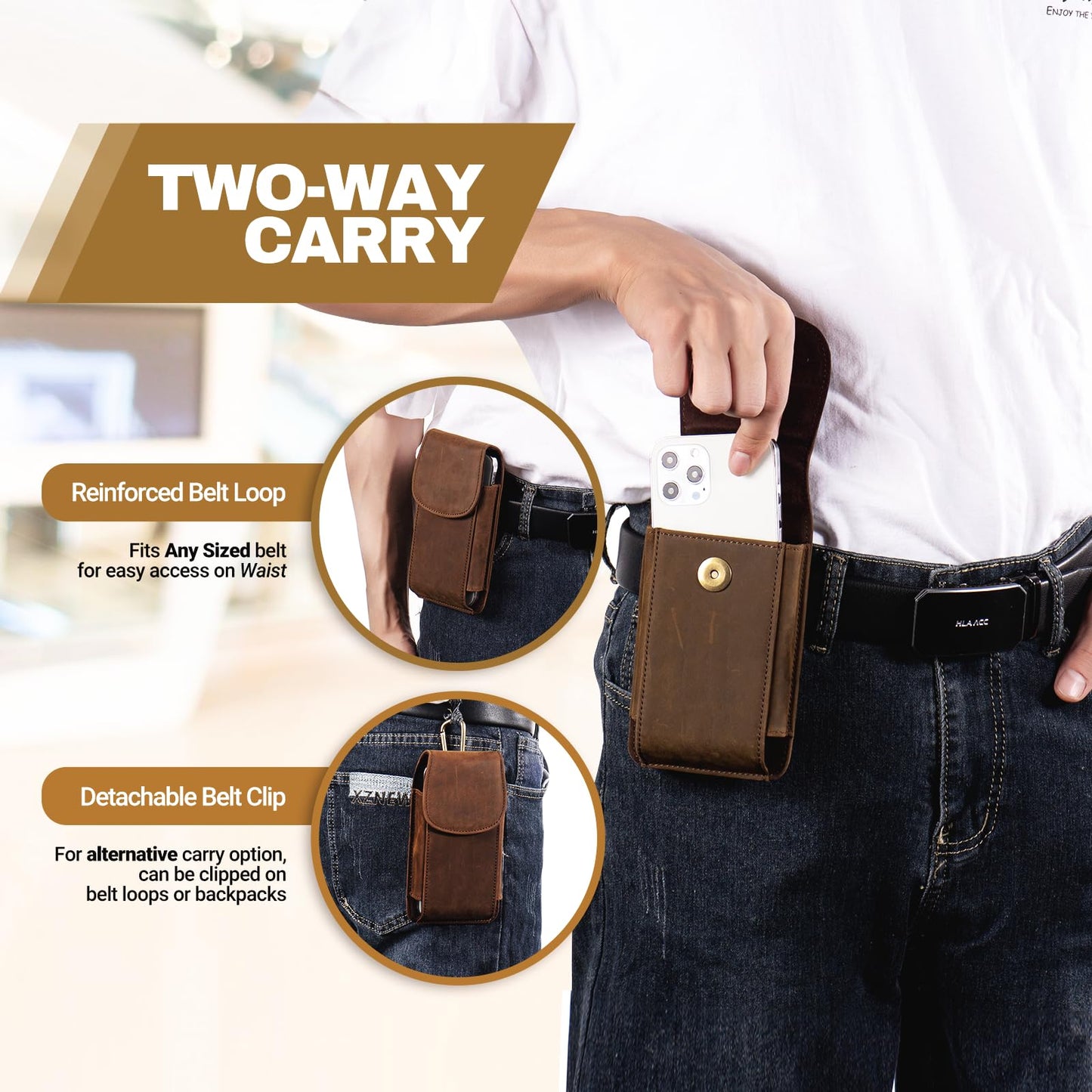 Hengwin Top Grain Leather Phone Holster Cell Phone Holster with Belt Clip/Loop, Phone Pouch Belt Holder Carrying Case Fits for iPhone 16 Plus 15 Plus Samsung Galaxy S26 Ultra S25 Edge (Retro Brown)