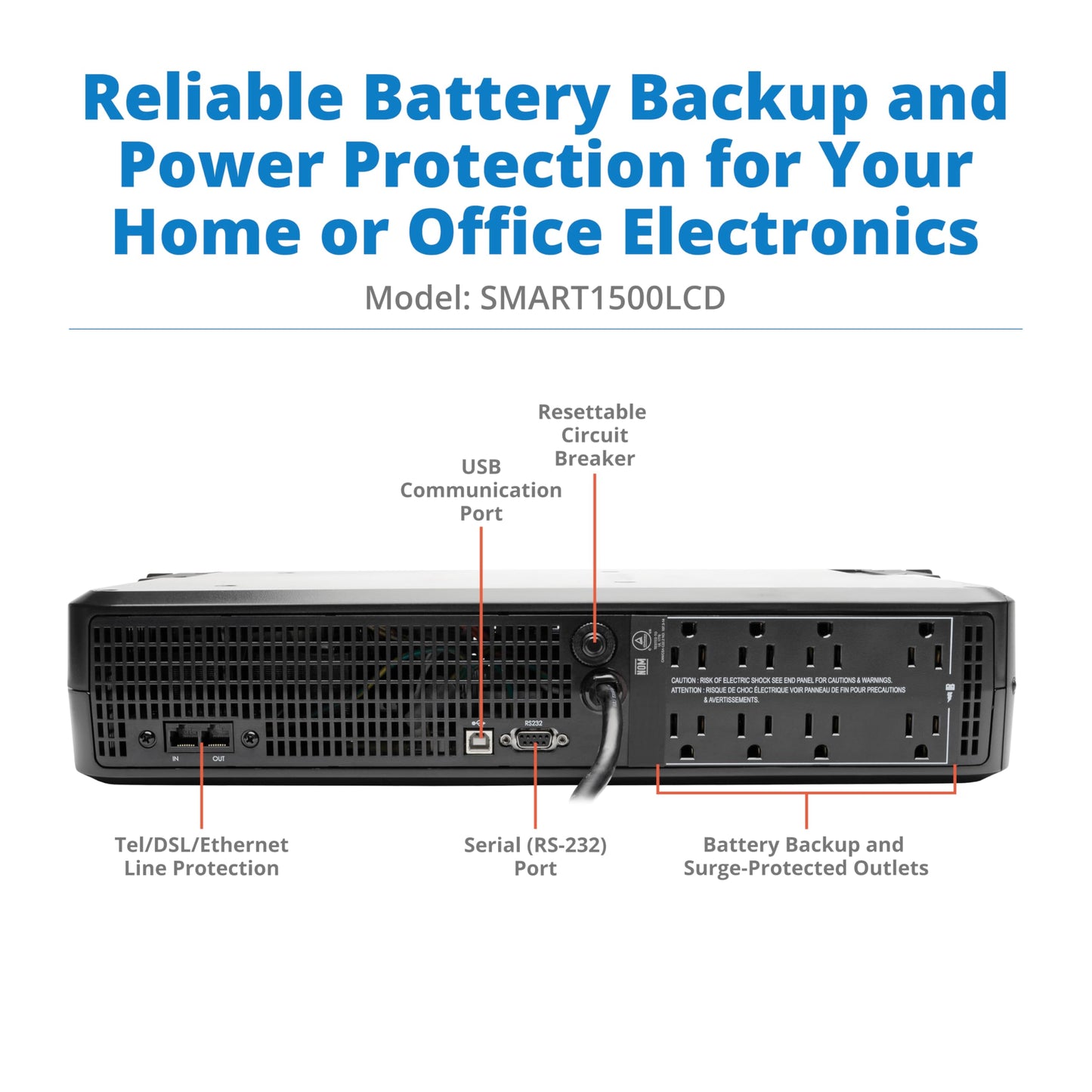 Tripp Lite SMART1500LCD 1500VA Rack Mount UPS Battery Backup, 900W, 8 Outlets, PWM Sine Wave, Short Depth 2U Rackmount UPS, AVR, LCD Screen