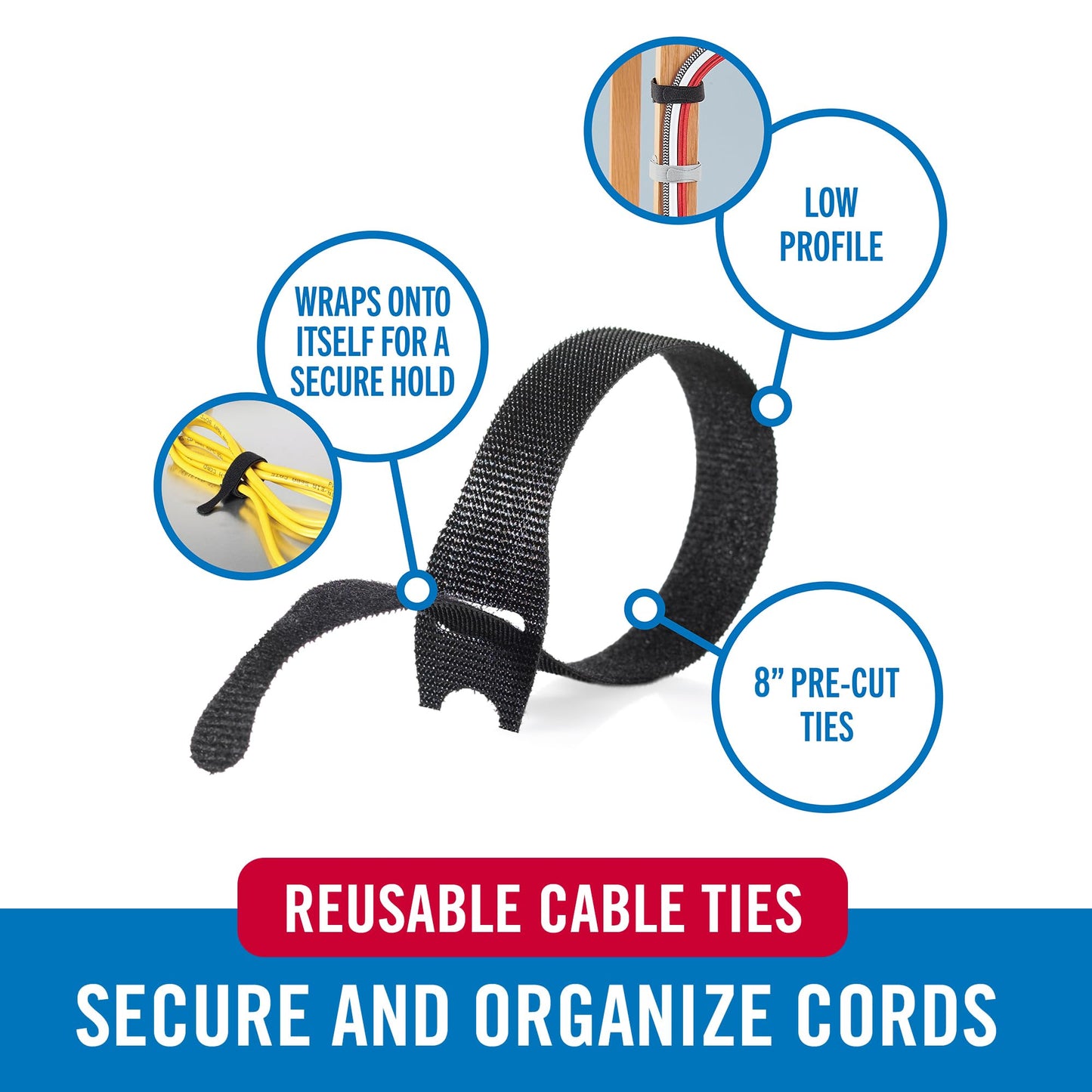 VELCRO Brand 150pk Cable Ties Value Pack, 8in | Gifts for Tech Lovers | For Wire Management and Cord Organizer | Replace Zip Ties with Reusable Straps, Reduce Waste