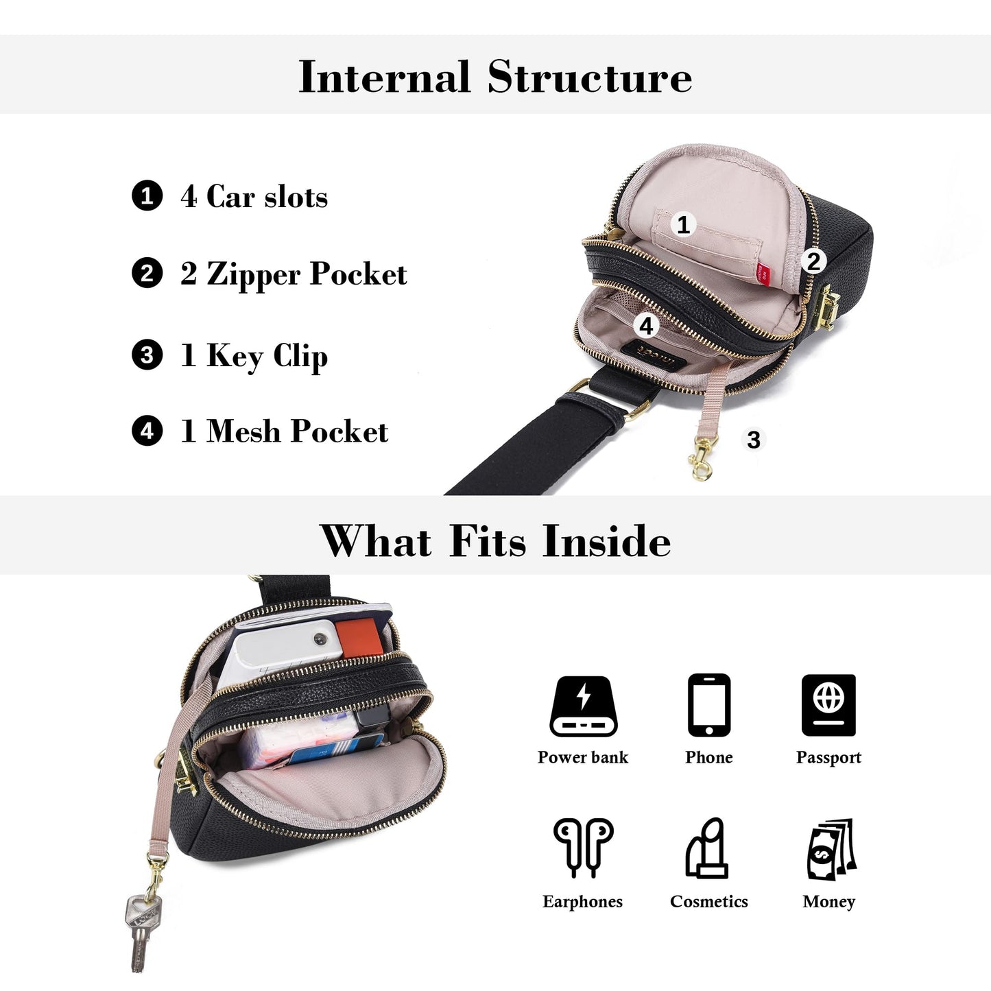 INICAT Anti Theft Crossbody Bag for Women, Small RFID Blocking Sling Purse with Zipper Lock for Travel, Vegan Leather(Black)