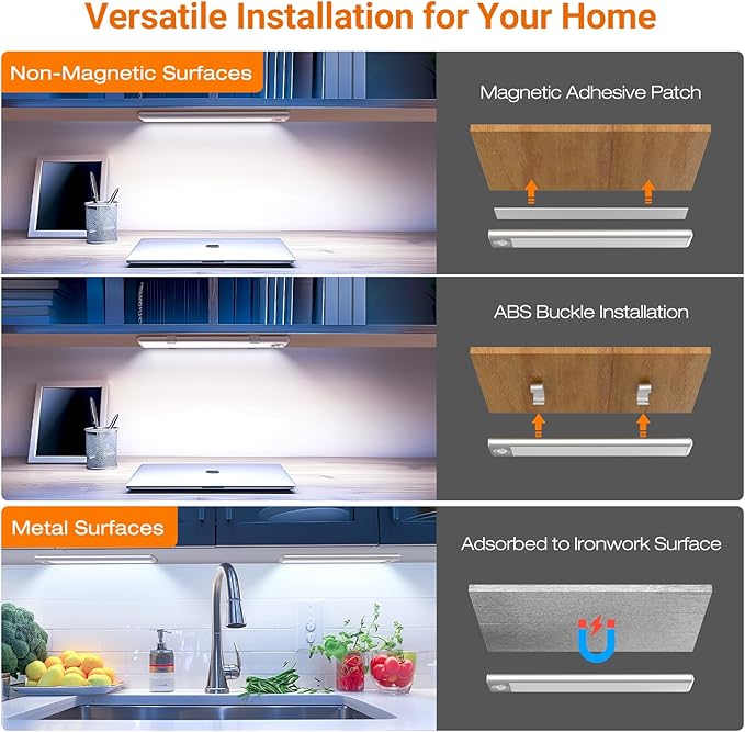 Under Cabinet Lighting, Rechargeable Battery Operated Motion Sensor Light Indoor with 3 Color Tempers Dimmable, Magnetic Closet Light, Wireless Under Counter Lights for Kitchen, Stairs, 6 Pack
