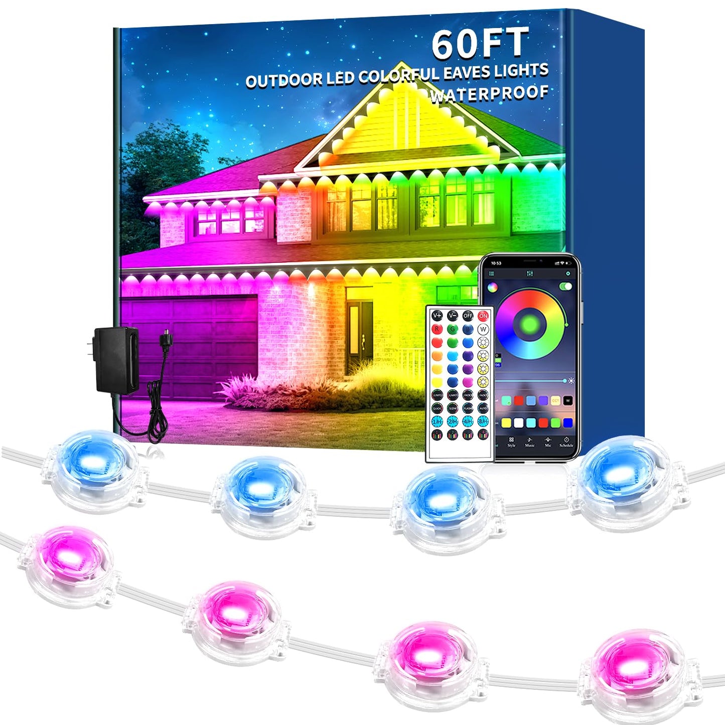 Rroetxi 60FT Permanent Outdoor Light, IP67 Waterproof LED Eaves Light, App/Remote Control Christmas Lights, Suitable for House,Patio Decor Garden Party Festival Decoration