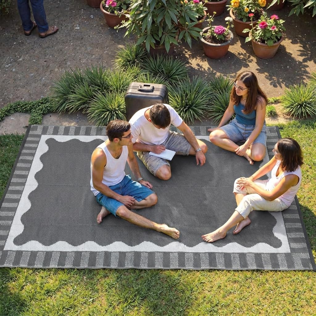 Garvee Large Scalloped Outdoor Rug 9x12 Patio Rugs Outdoor Waterproof, Reversible Plastic Straw Camping Rug, Modern Bordered Outside Mats for Picnic Backyard Deck Balcony Beach Trailer, Grey