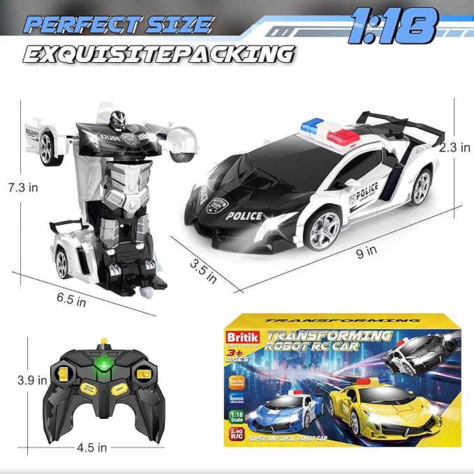 Transform Remote Control Car - Rc Cars One-Button Transforming 360° Rotation Drifting 2.4ghz 1:18 Scale Gift Kids Aged 4-6 Year Old Boys/Girls Police Car Black