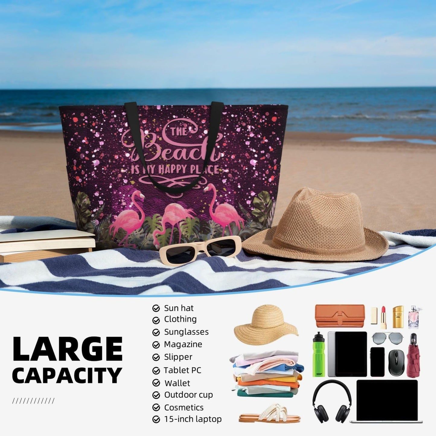 Mvcpoci Beach Bags Waterproof Sandproof Beach Bags For Women, Leopard Flamingo Print Beach Tote For Trendy Vacation