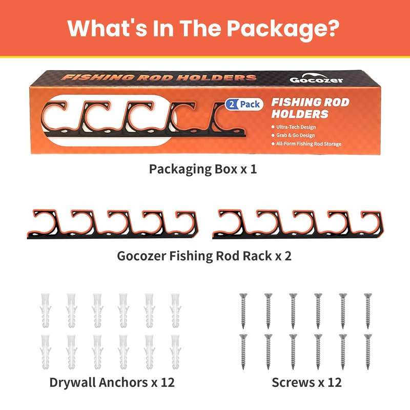 Gocozer Fishing Rod Holder for Garage, H5 Wall or Ceiling Mounted Fishing Pole Holders with Soft Protective Pad, Fishing Rod Storage Organizer, Horizontal Fishing Rod Wall Mount Nets Storage (2 PACK)