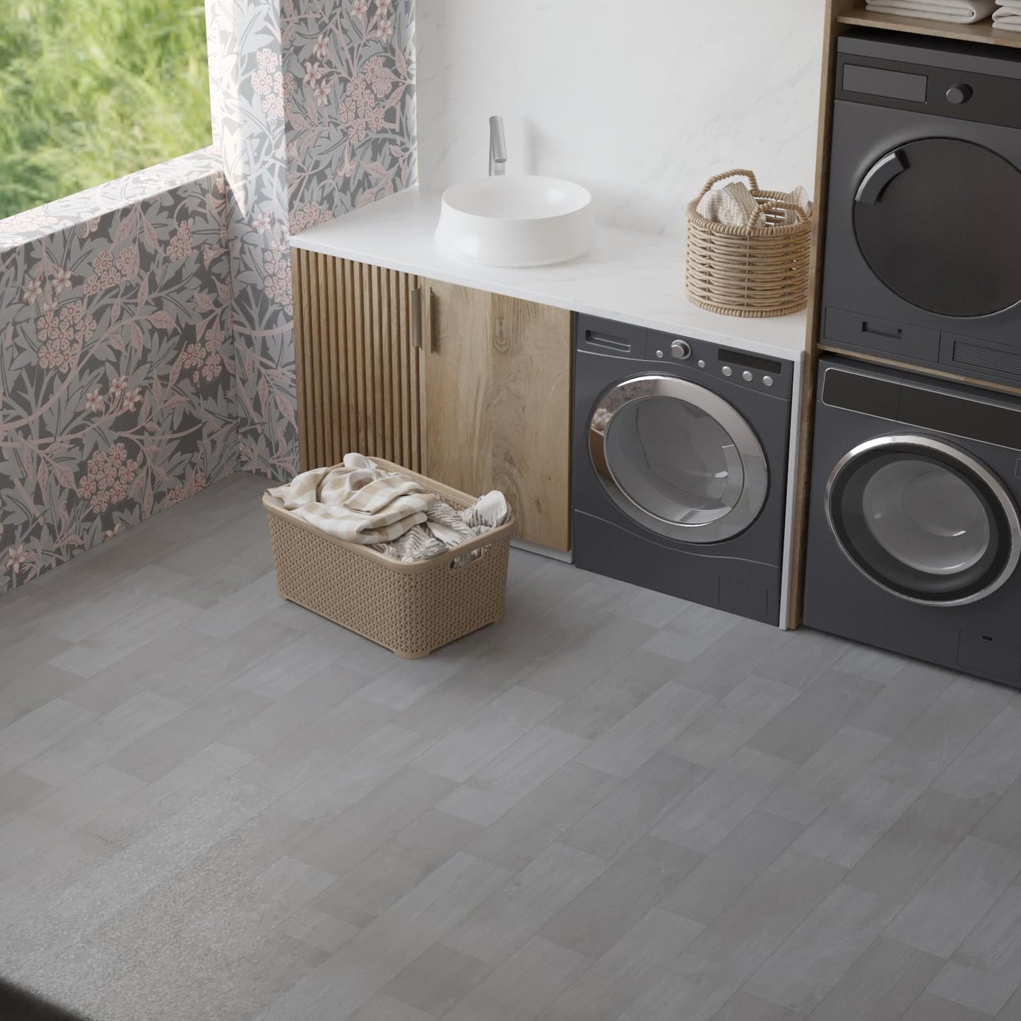 Oxdigi Vinyl Flooring Roll 32 sq.ft | 3'4"W x 9'10"L, PVC Leather-Like Linoleum Floor Covering, Waterproof Durable Heavy Vinyl, Easy to Install with Tape, Removable- No Adhesive Backing, Grey Oak