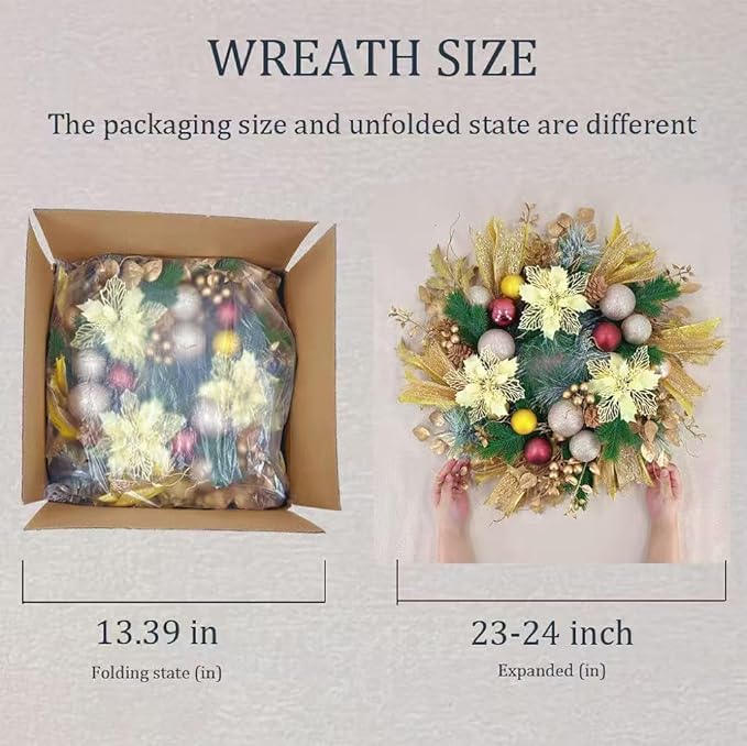 22inch Christams Wreath for Front Door, Artificial Gold Sparkling Flower Wreath, Class Gold Flower Ball Decoration, Used for Decorating Doors, Windows, Festive Hanging Decorations for Doors Mantel