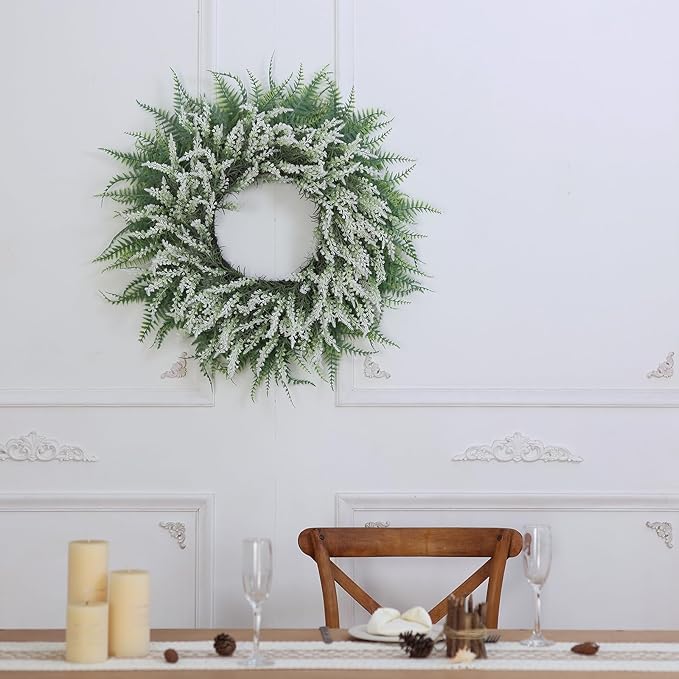 26'' Lavender and Boston Ferns Wreath for Front Door - Large Artificial Greenery Outdoor Wreath for Porch,Window,Farmhouse,Home,Hanging Decor- Spring, Summer, All Seasons (White-Green)