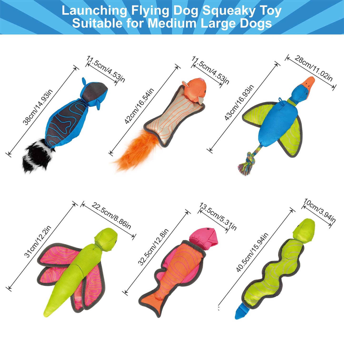 QPAWS 16.93 Inch Duck Slingshot Flying Dog Toy with Rope, Oxford Squeaky Crinkle Chew Toy for Fetch Training, Interactive Durable Toy for Medium Large Dogs