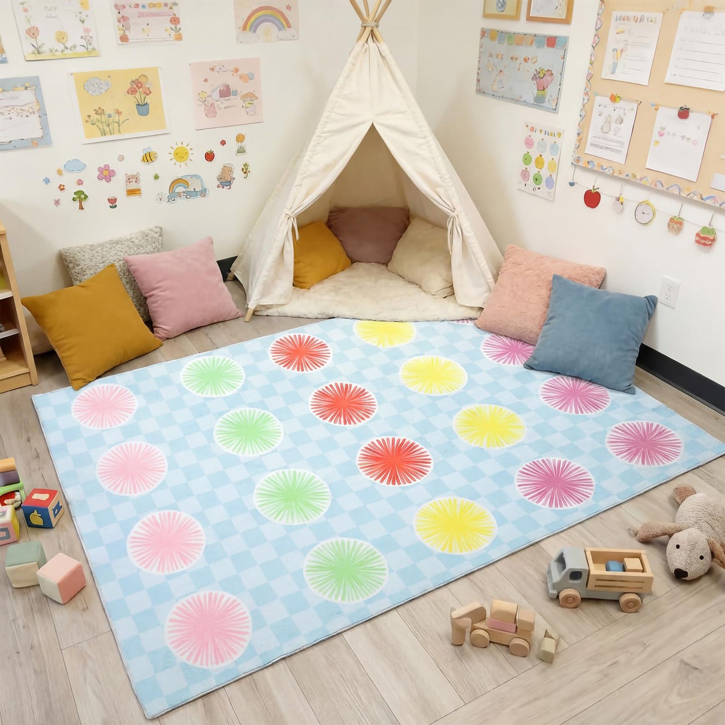 Breling Classroom Carpets Playmat Rugs 6x9 ft Kids Classroom Rugs with Rubber Backing Circles Children's Seating Nursery Play Mat for Preschool Elementary Playroom Kindergarten
