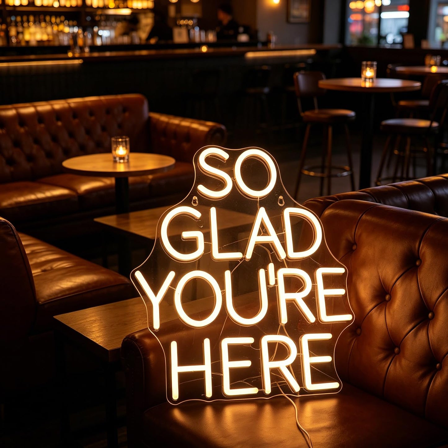 QiaoFei LED "So Glad You Are Here" Neon Sign Pink Word/Letters USB Powered Neon Lights for Bar Coffee Room Home Art Wall Decor Birthday/Wedding Party Window Living Room Decor(Warm white)