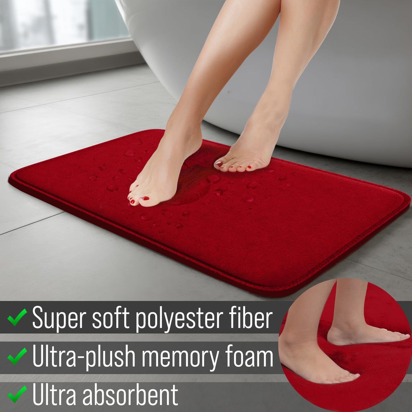 Elvoki 5-Piece Memory Foam Bath Mat Set - Non Slip Cushioned Ultra Absorbent Bathroom Floor Rugs - Machine Washable Quick Dry Soft Shower Mat - Burgundy