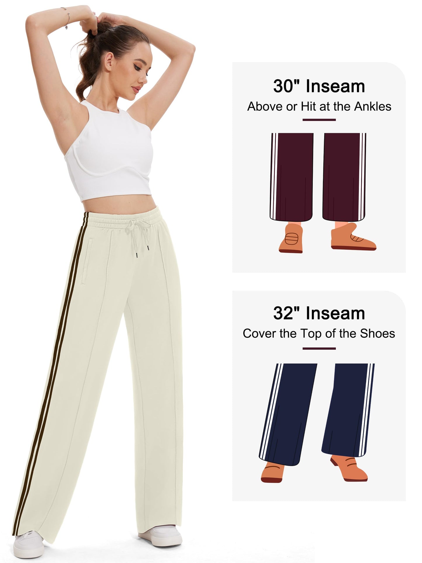 Tapata Petite Women's 28" Inseam Casual Pants Track Athletic Sweatpants Warm Up Loose Side Stripe Street Slacks, Beige, XL