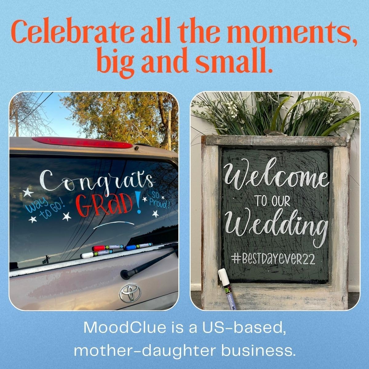 MoodClue Liquid chalk markers washable, erasable, dry or wet erase. 6 neon markers for whiteboards, glass boards, mirrors, chalkboards, windows, car windshields, glass. Non-toxic, reverse tip pens