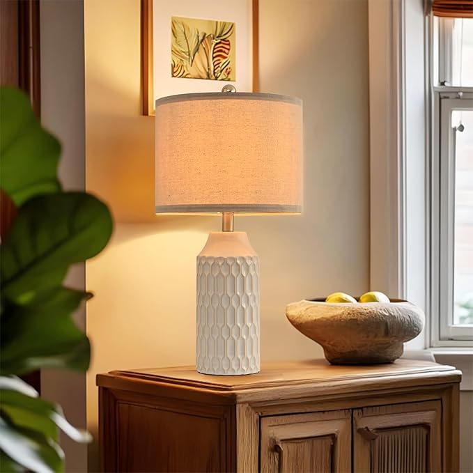 22IN Modern Ceramic Table Lamp Set of 2 White Lamps for Living Room Tall Bedroom Lamp Set Bedside Nightstand Lamps Set of Two Farmhouse Rustic Side Table Lamps for End Table Beige Desk Lamps
