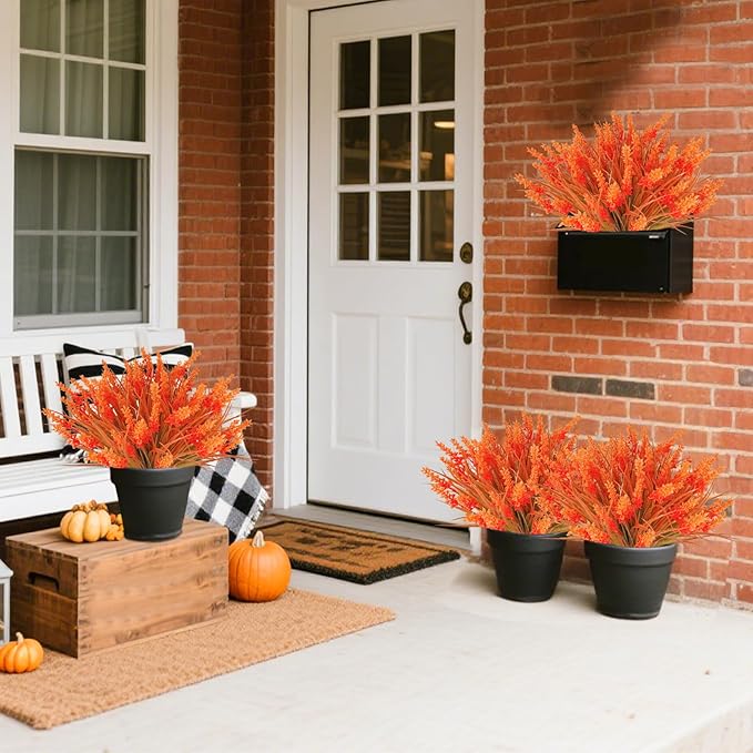 12 Bundles Artificial Fall Flowers for Outdoors Fake Fall Lavender Flowers UV Resistant Plastic Faux Fall Plants for Home Porch Autumn Fall Decorations (Orange)