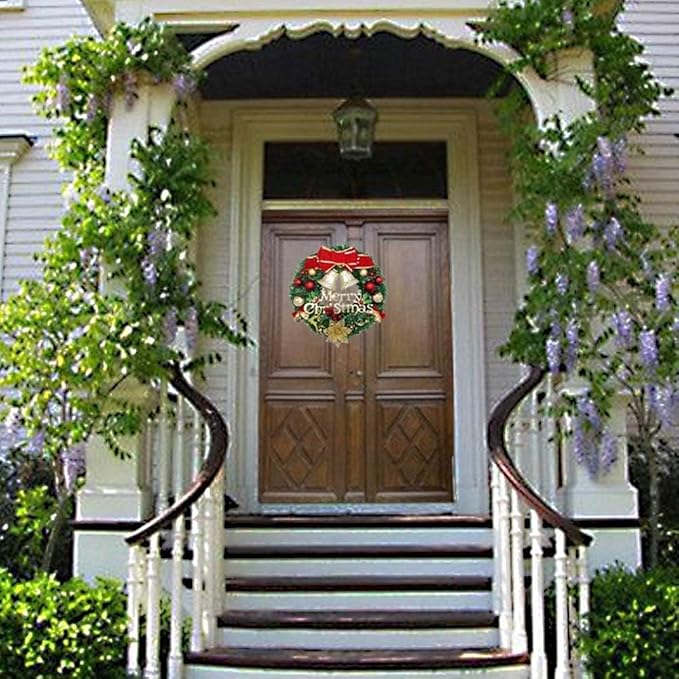 H&W Medium Christmas Wreath (15.8 Inch / 40 cm) for Front Door Wall Windows Artificial Poinsettia Xmas Decoration with Tinkle Bell Bowknot and Small Ornaments (MC7-D1)