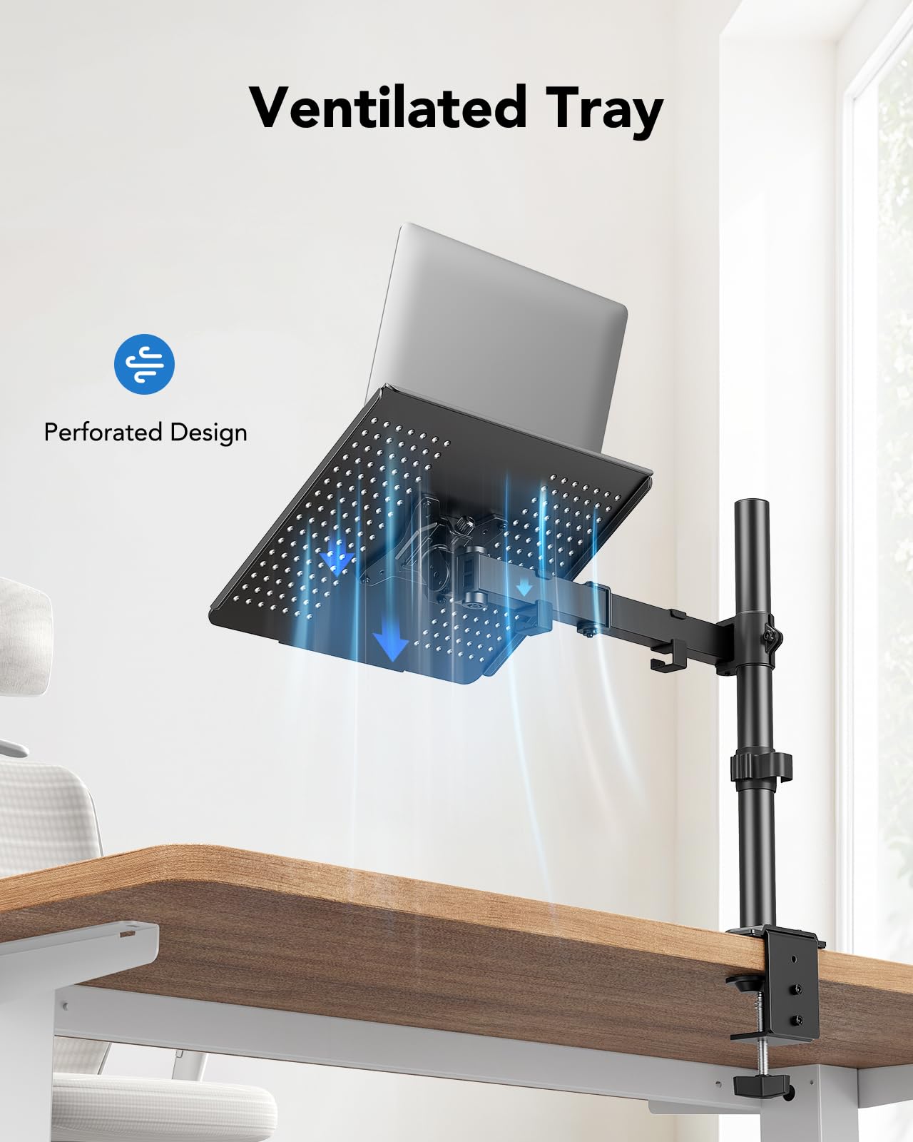 HUANUO Laptop Desk Mount - 17' to 32' Monitor Arm, Ventilated Tray, Fully Adjustable with Tilt, Swivel & Rotation, Holds up to 22 lbs